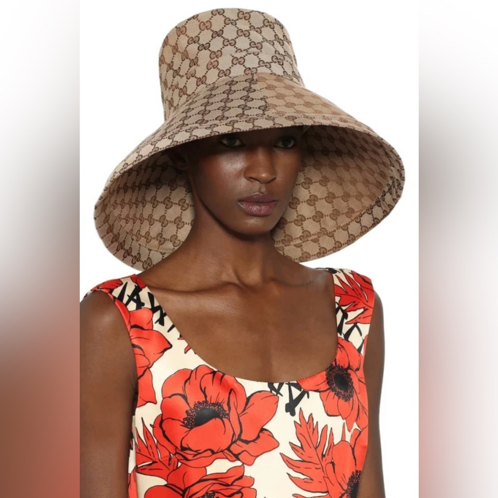 Beige Wide Brim Large Jacquard Canvas Monogram Bucket Hat Sun Coverage Beach New